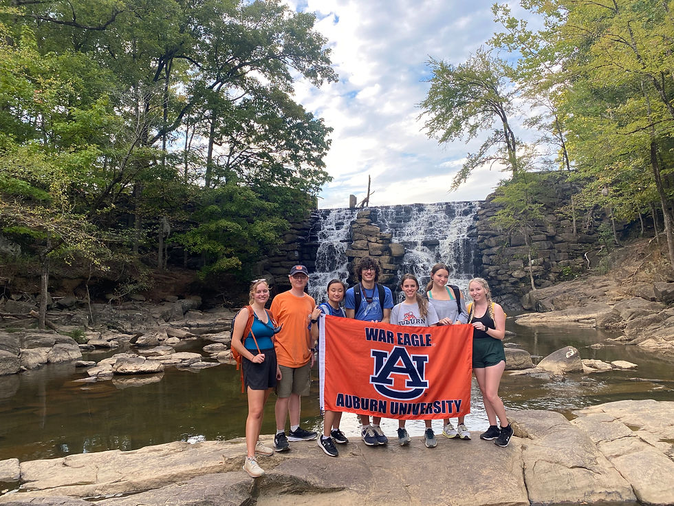 Students standing in front of a waterfall holding an Auburn flag.