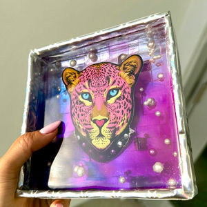 cheetah patch in resin box. white pearls in resin. purple and blue jewerly box. designer style