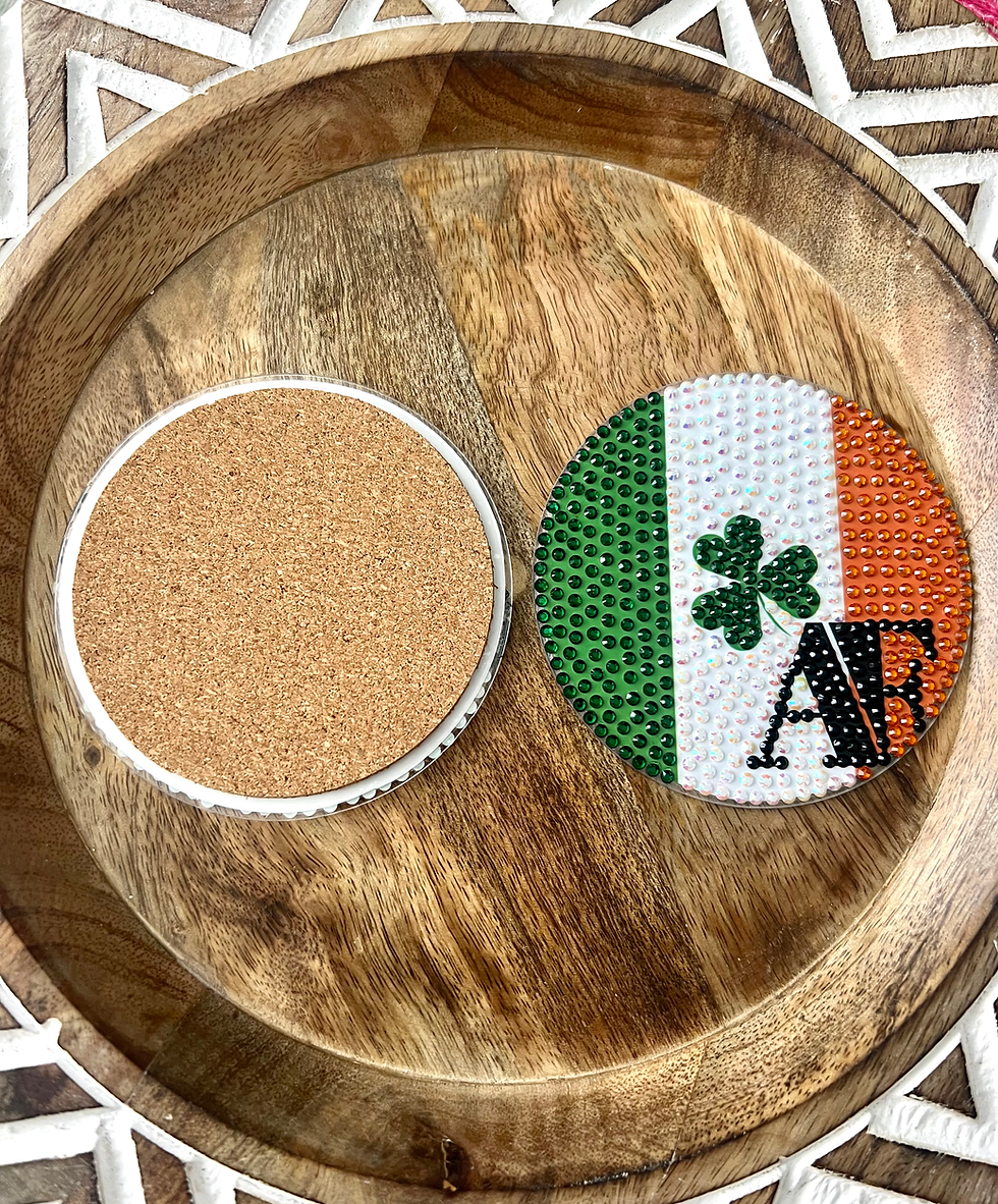 Thumbnail: Bedazzled coasters featuring Irish flag and Celtic designs, perfect for Irish families and holidays.