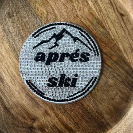 Thumbnail: Cozy "Apres Ski Set" coaster for skiers and snowboarders. bedazzled ski, bedazzled snowboarding. killington decor