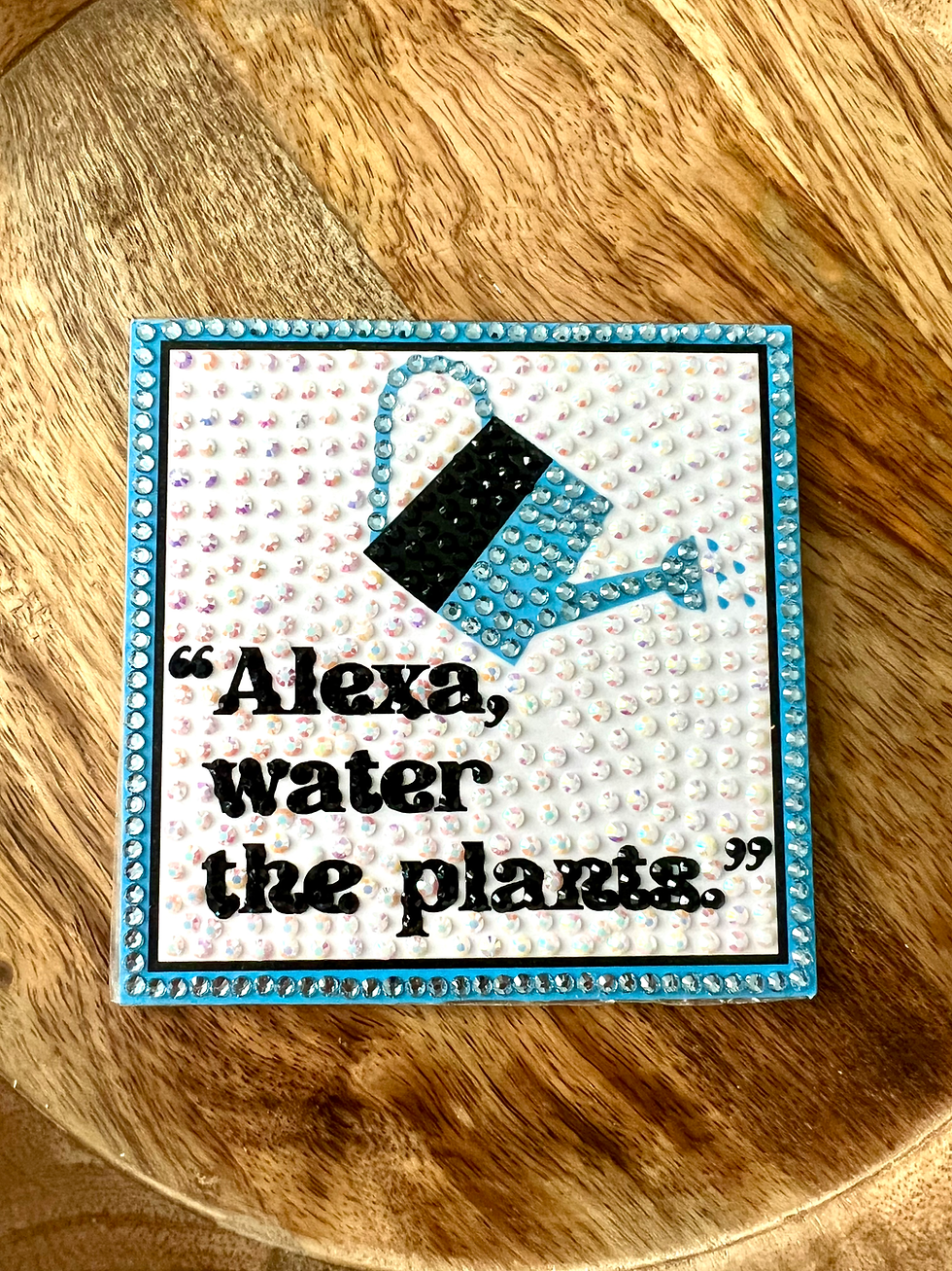 Thumbnail: Bedazzled tile with "Alexa Water the Plant" design, perfect for Amazon Alexa households. amazon prime. green thumb gifts