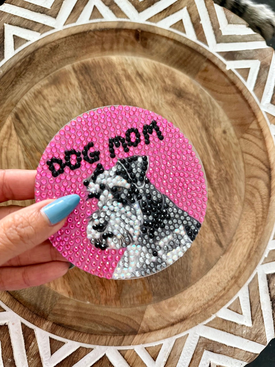 Thumbnail: Schnauzer Mom coaster with a cartoon Schnauzer and bold lettering,