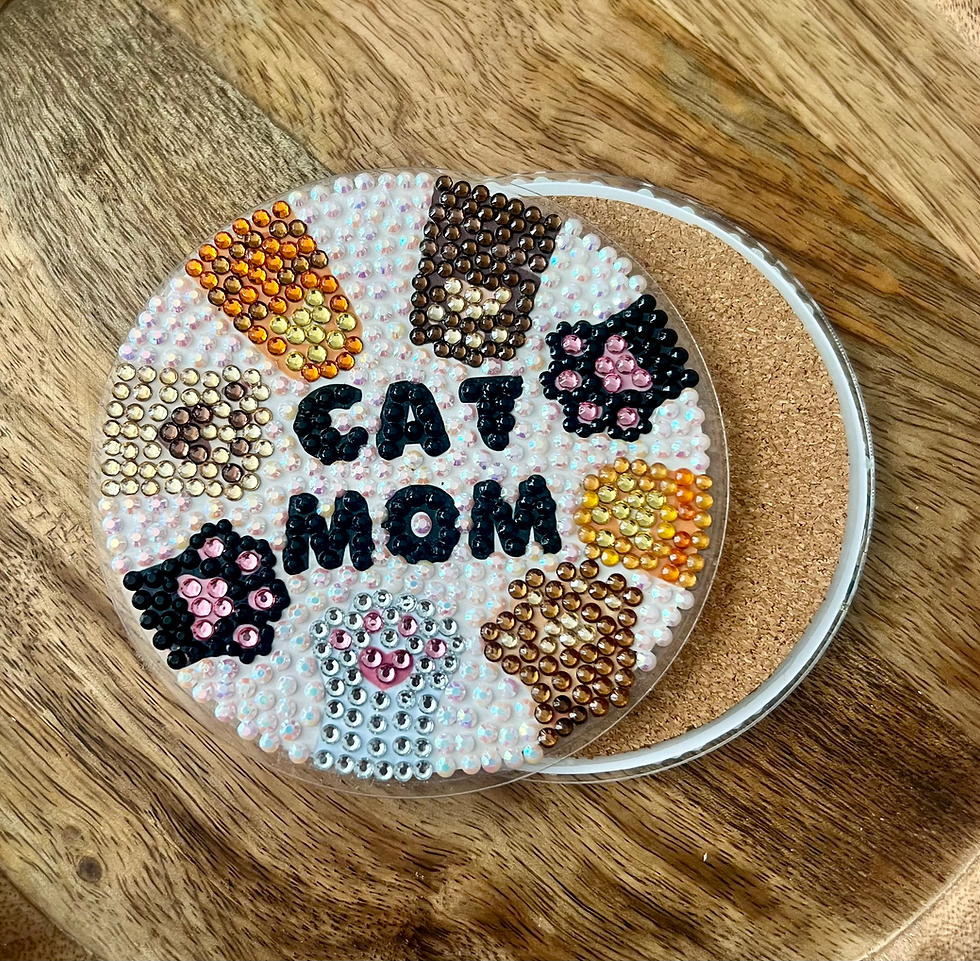 Thumbnail: bedazzled coaster with multi-colored cat paws, celebrating the diversity of cat breeds and personalities. cat mom gifts
