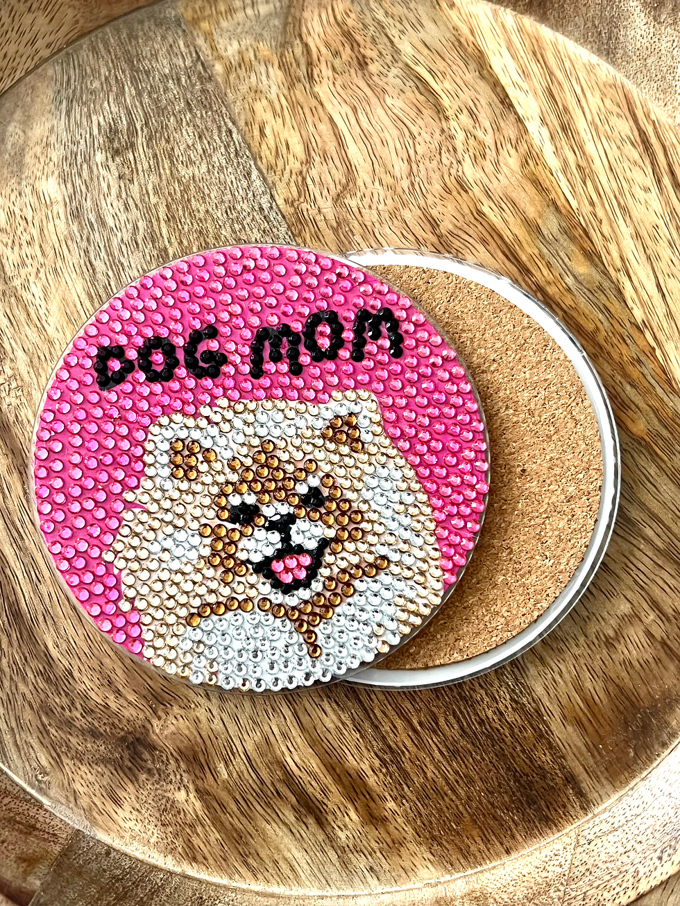 Thumbnail: Sparkling 'Pomeranian Mom' coaster, handcrafted with love. A star seller on Etsy, ideal for pomeranian enthusiasts! bedazzled