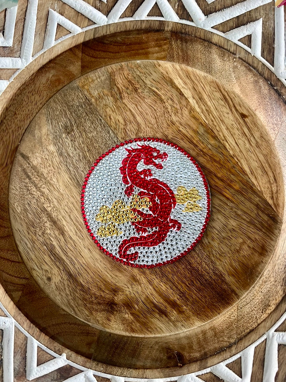 Thumbnail: Handcrafted red dragon Bedazzled Coaster with sparkling gems, perfect for Asian décor and Lunar New Year celebrations. Asian