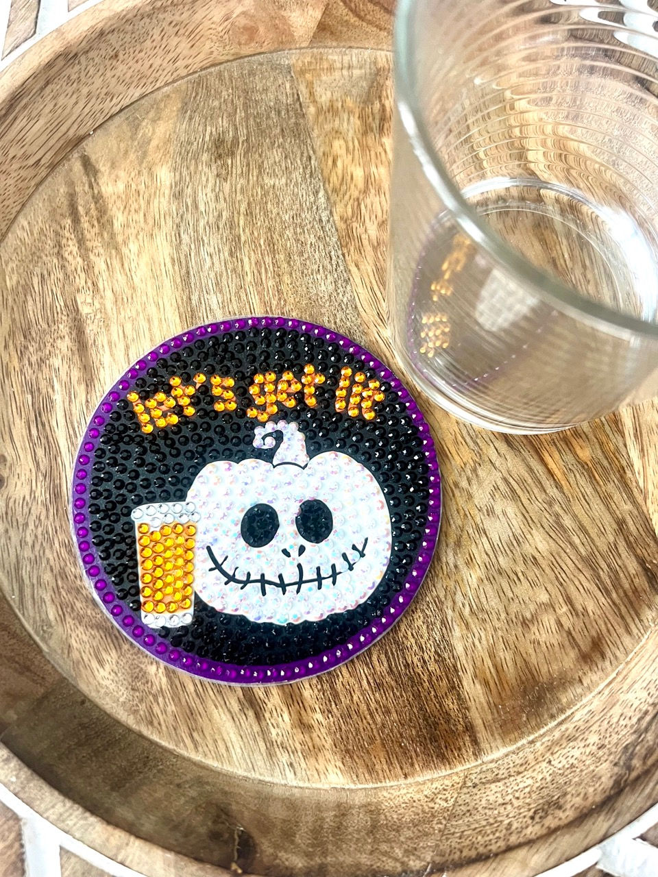 Thumbnail: A dazzling Let’s Get Lit Bedazzled Coaster featuring a jack-o'-lantern with a pint of beer, perfect for Halloween lovers.