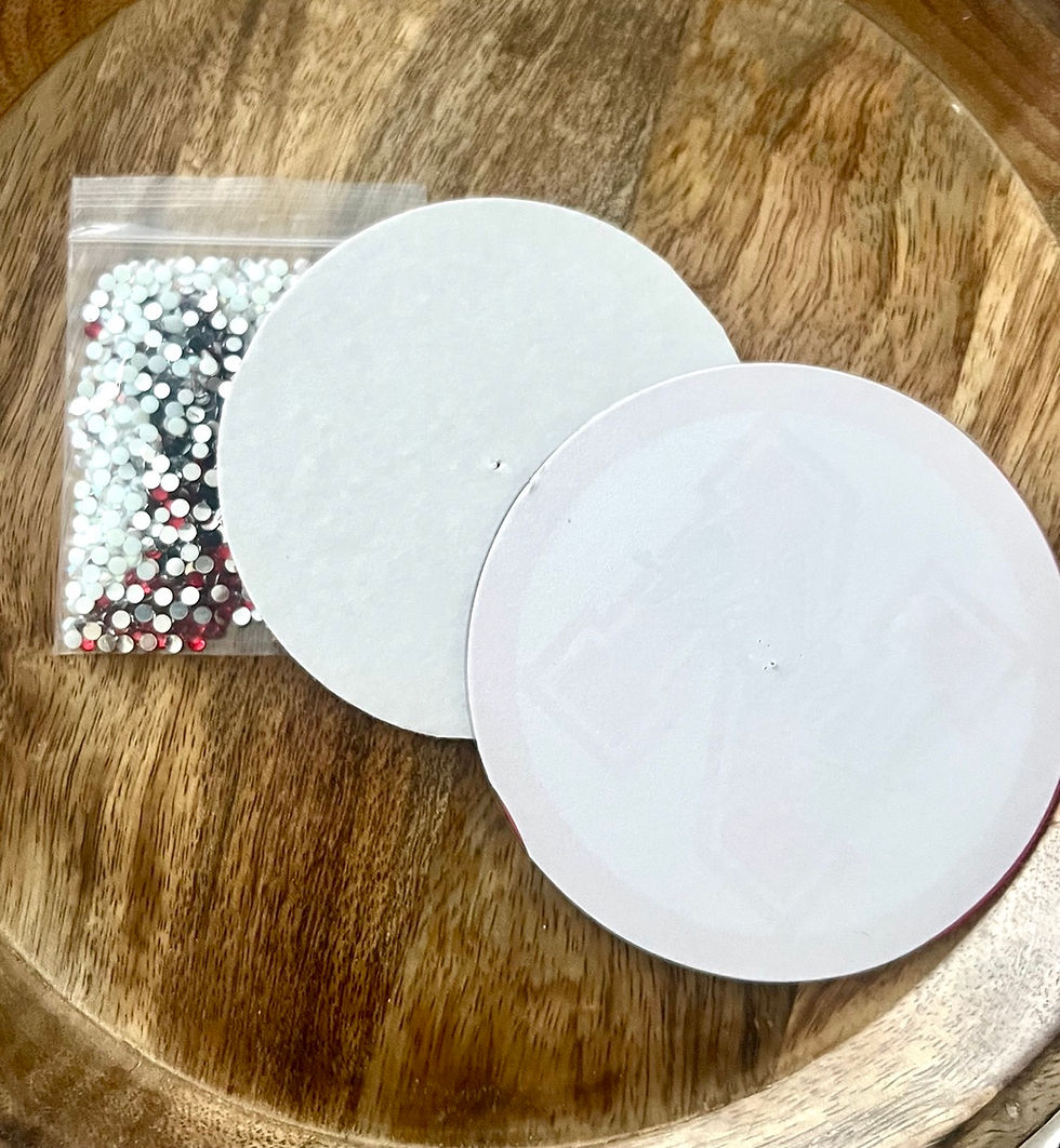 Thumbnail: DIY rhinestoned diamond painting coaster kit with custom designs, rhinestones, and adhesive cork backing.