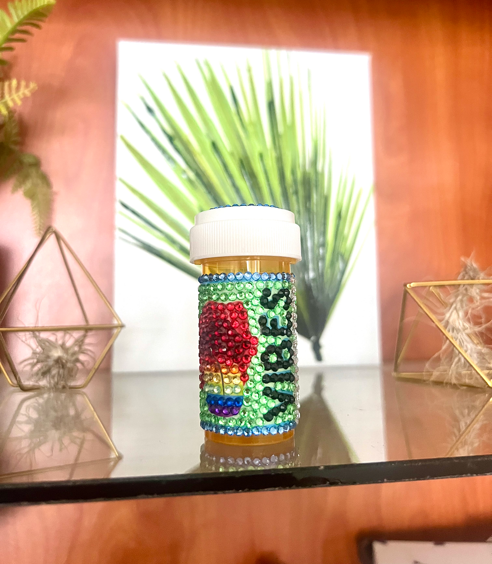 Thumbnail: blinged colorful pill bottle with rainbow pill design, mushroom, red lips, and rainbow tongue, featuring vibrant rhinestones.