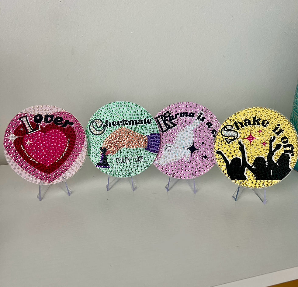 Thumbnail: Bedazzled coasters inspired by Taylor Swift's iconic eras, perfect for Swifties. popular Taylor Swift decor