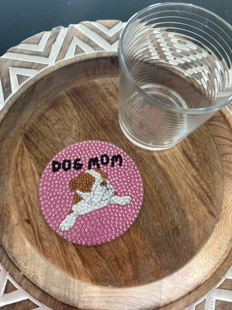 Thumbnail: pink bedazzled coaster with pink rhinestones and dog mom lettering