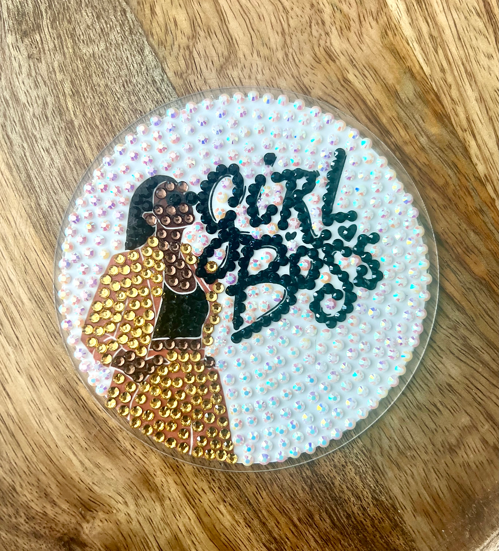 Thumbnail: Bedazzled coaster featuring a girl in a yellow blazer suit, perfect for corporate empowerment. bestie coworker gift