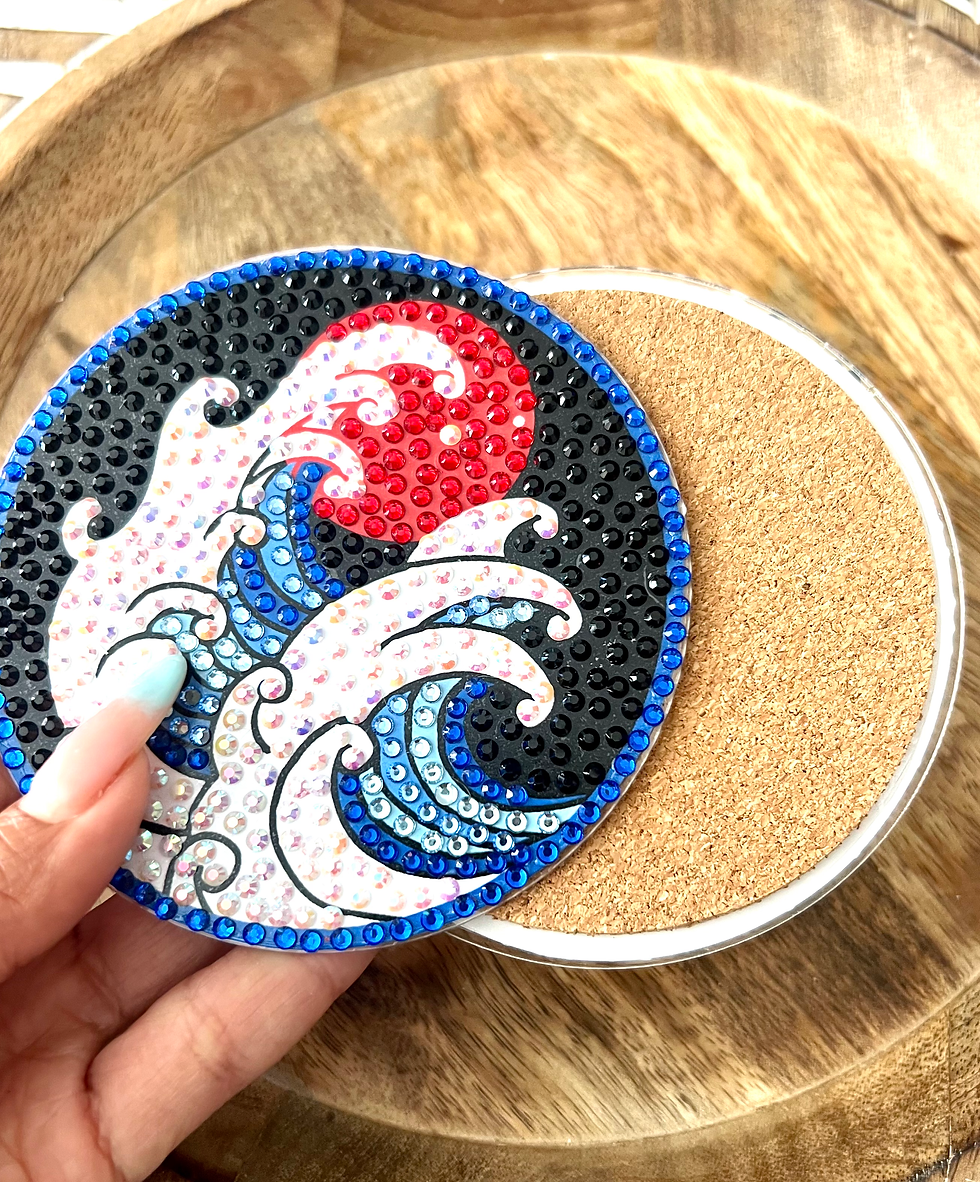 Thumbnail: Bedazzled coasters inspired by The Great Wave off Kanagawa and Mount Fuji, featuring intricate rhinestone designs.