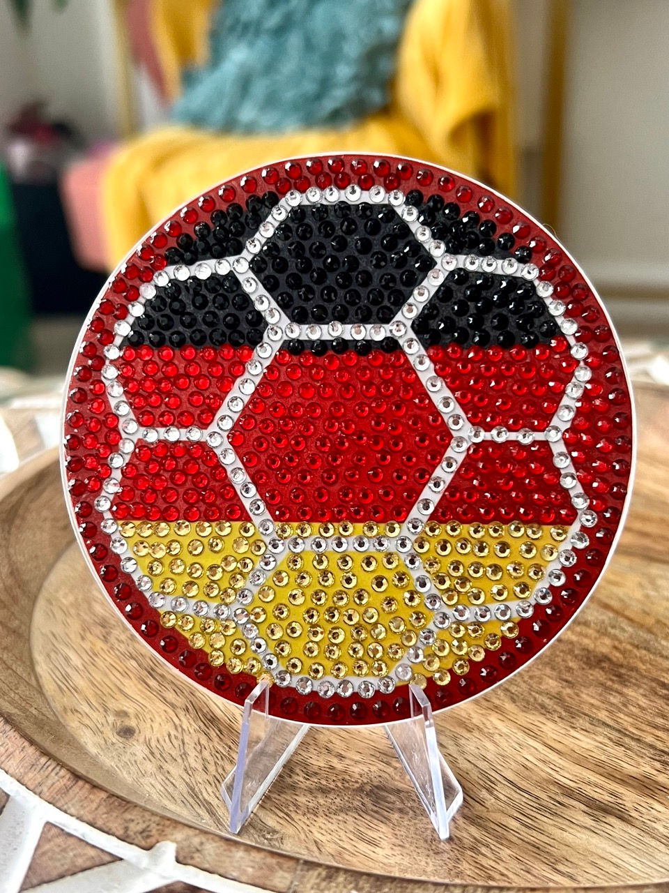 Bedazzled coaster with the German flag on a soccer ball, perfect for German soccer fans and Bundesliga supporters. Handcrafte