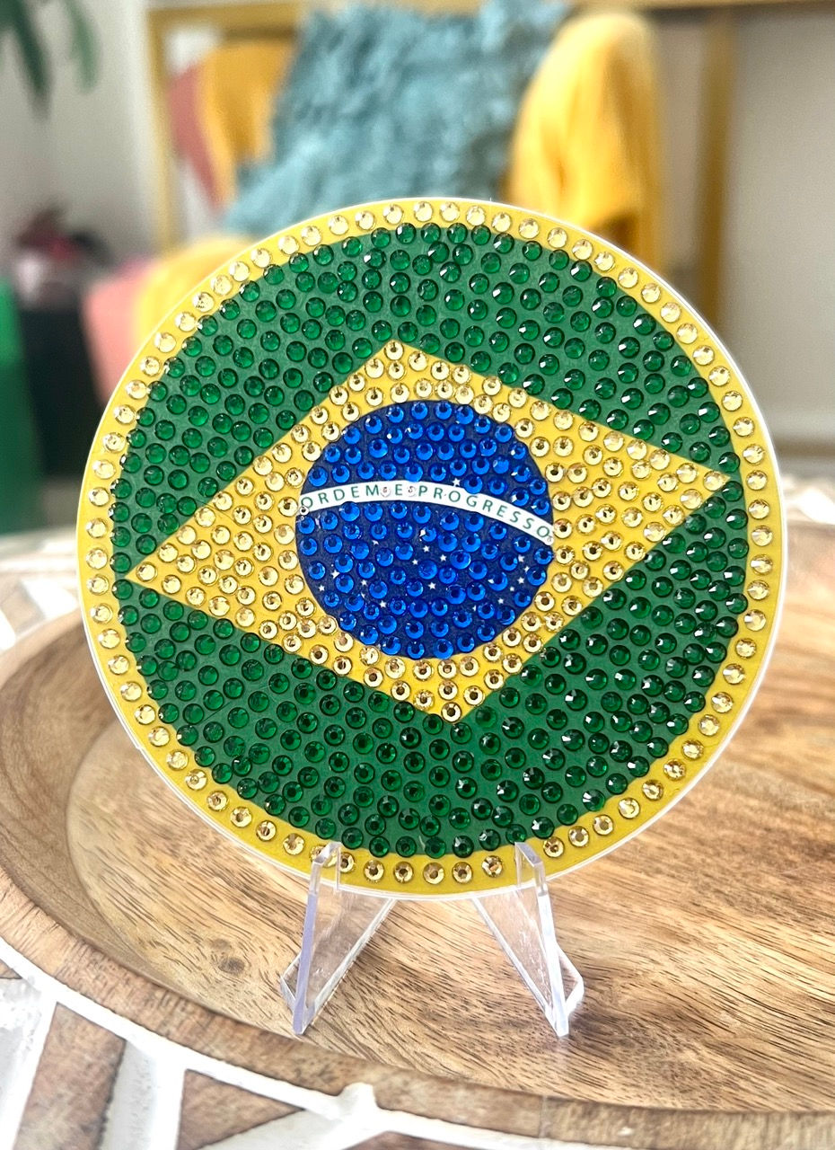 Bedazzled coaster featuring the Brazil flag on a soccer ball, ideal for Brazilian soccer fans and Brasileirão supporters. Han