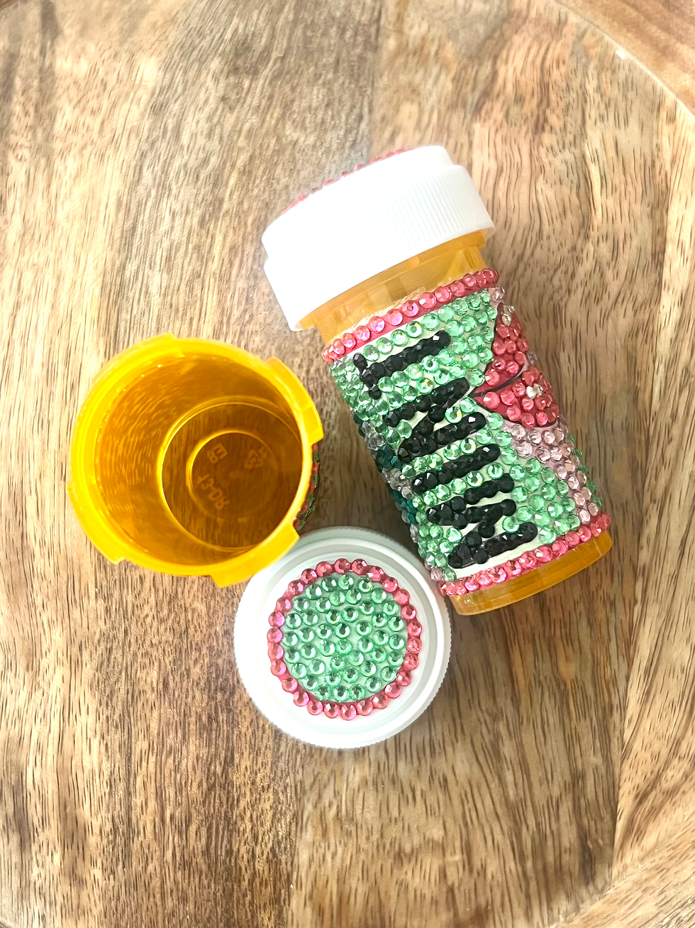 Thumbnail: bedazzled mint green light pink pill bottle with peppermint and hot pink lips design, rhinestoned with "Mint" and "Fresh".
