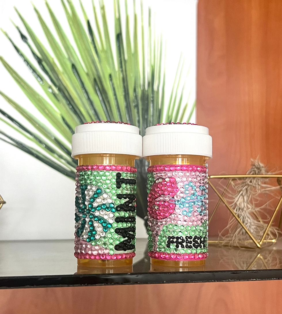 Thumbnail: bedazzled mint green light pink pill bottle with peppermint and hot pink lips design, rhinestoned with "Mint" and "Fresh".