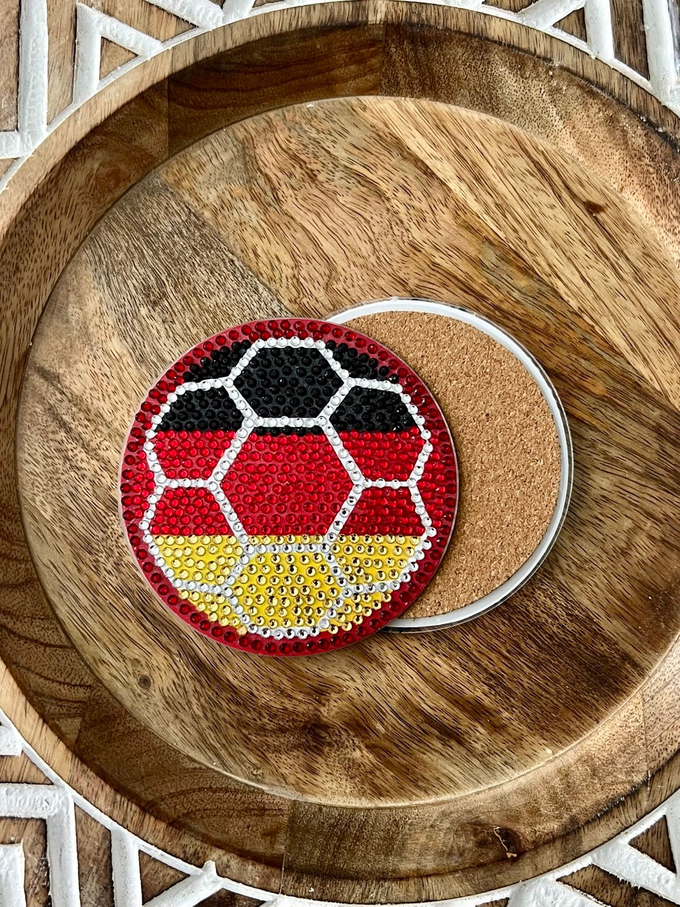 blinged german decor. Bedazzled coaster with the German flag on a soccer ball