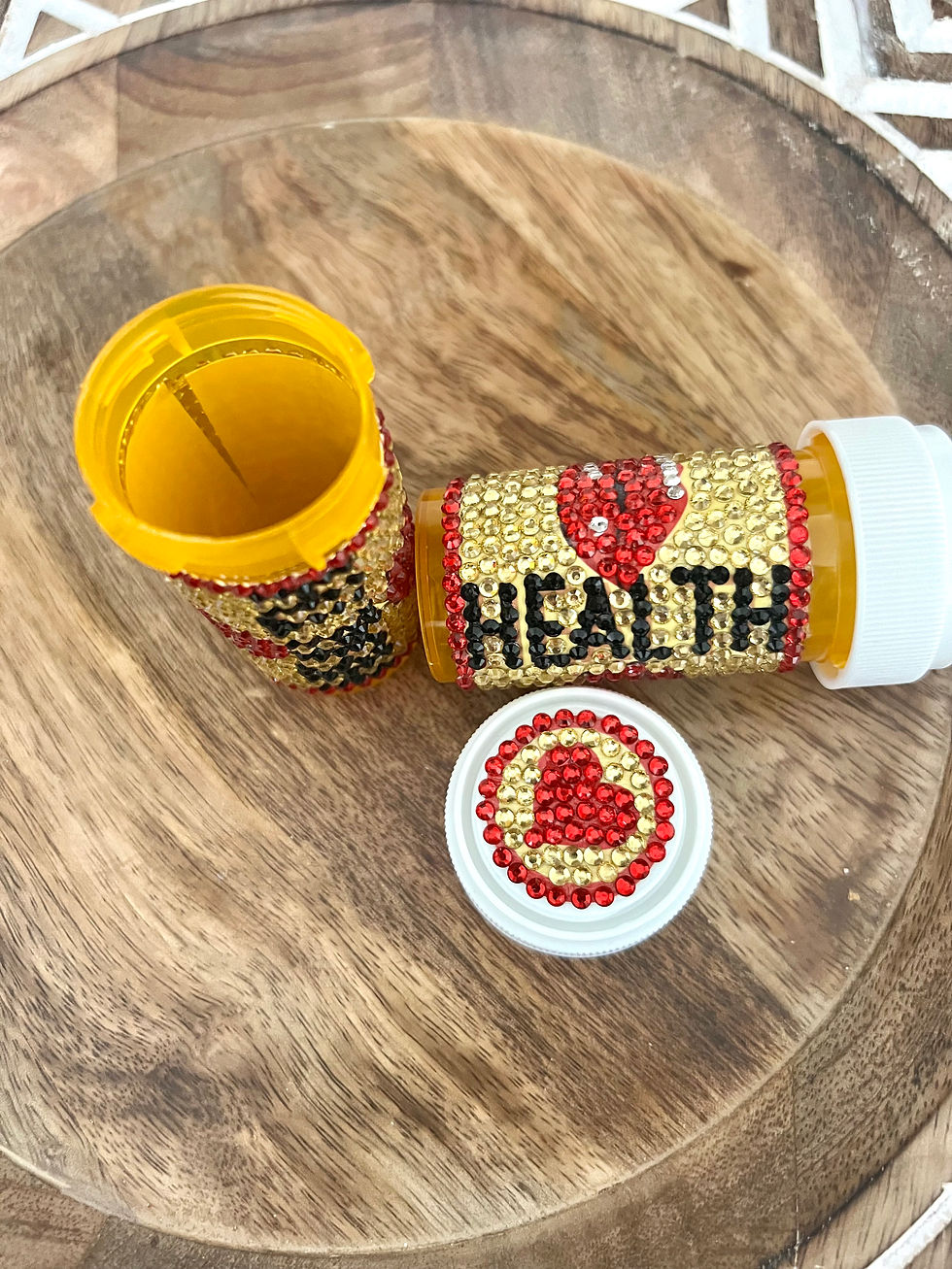 Thumbnail: glamorous pill bottle with a rose and lips design, bedazzled with rhinestones, perfect for girl/woman
