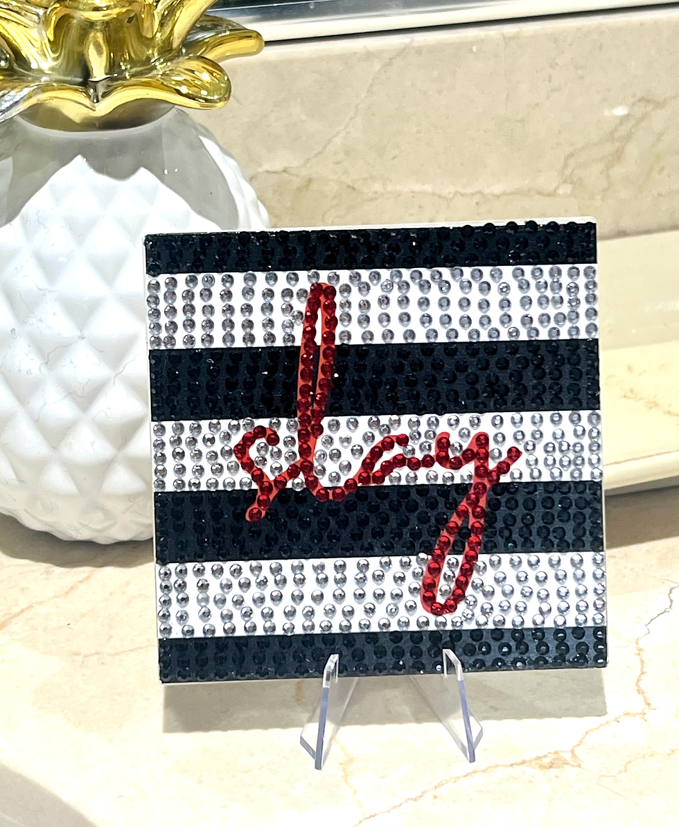 Thumbnail: Bedazzled 4x4 art tile with black and white stripes and "Slay" font, inspired by Sephora, perfect for beauty enthusiasts.