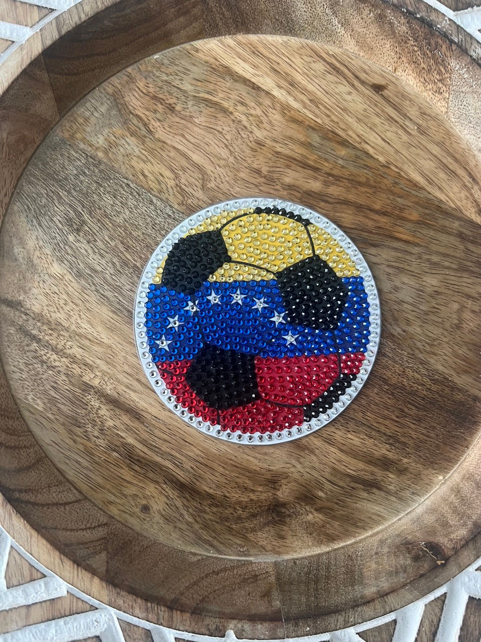Thumbnail: bandera de Venezuela. decoración de Venezuela. Bedazzled coaster with the Venezuela flag a soccer ball, perfect for Venezu