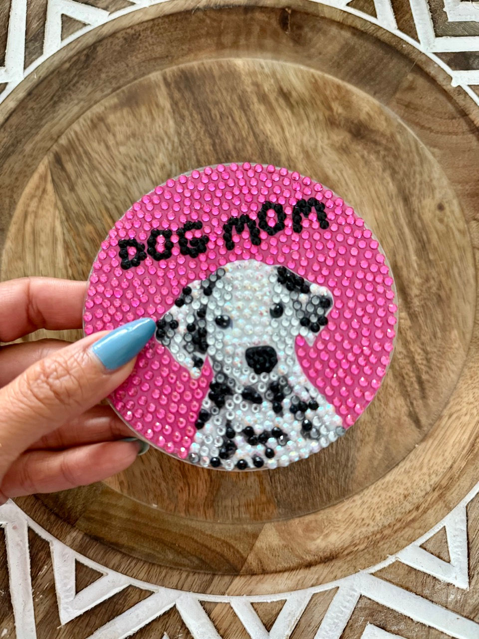 Thumbnail: Dalmatian Mom coaster with a cute cartoon Dalmatian and bold text, perfect for dog moms who love their spotted, energetic pup