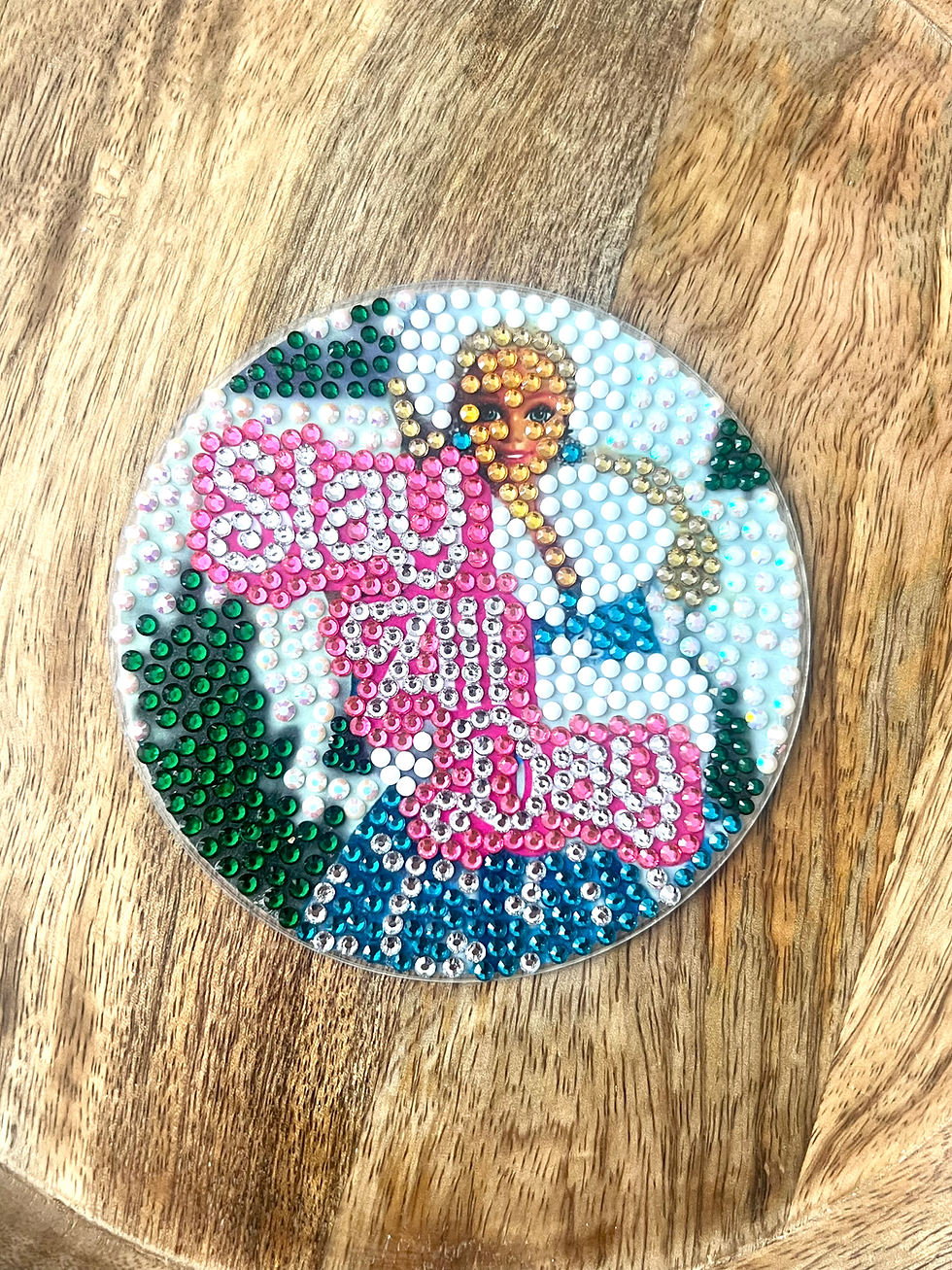 Thumbnail: Bedazzled coaster featuring a winter Barbie with "Slay All Day" writing. blinged barbie. barbie princess