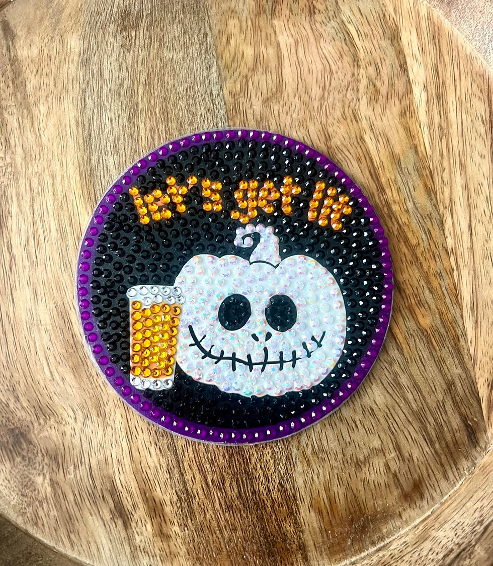 Thumbnail: A dazzling Let’s Get Lit Bedazzled Coaster featuring a jack-o'-lantern with a pint of beer, perfect for Halloween lovers.