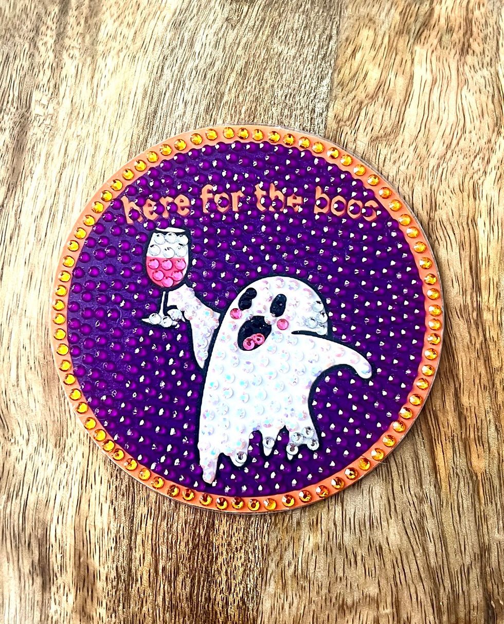 Thumbnail: dazzling Here for the Boos Bedazzled Coaster featuring a ghost holding a wine glass, perfect for Halloween lovers.