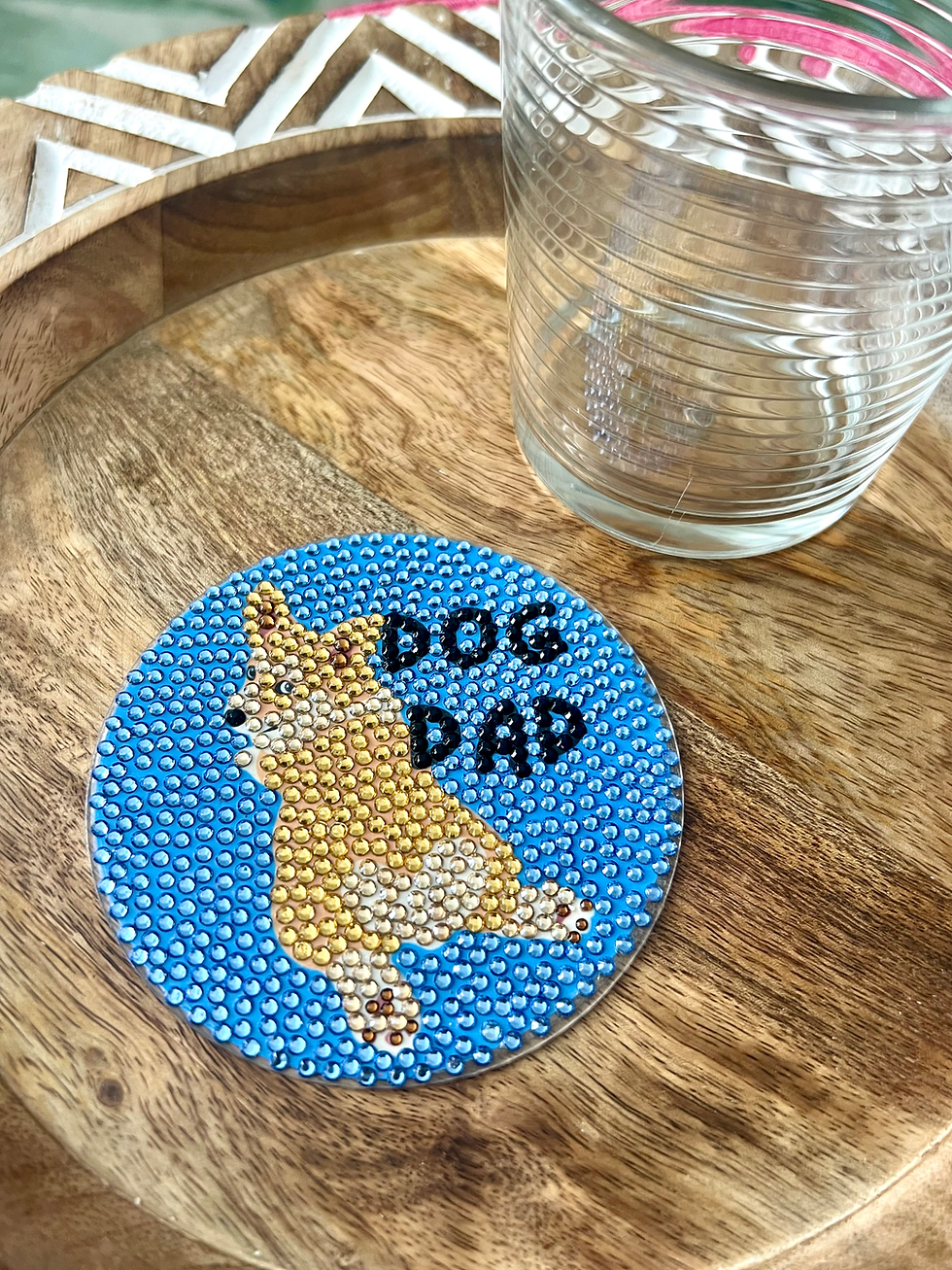 Thumbnail: Bedazzled coasters with "Corgi Mom" and "Corgi Dad" designs, perfect for Corgi lovers. blinged decor