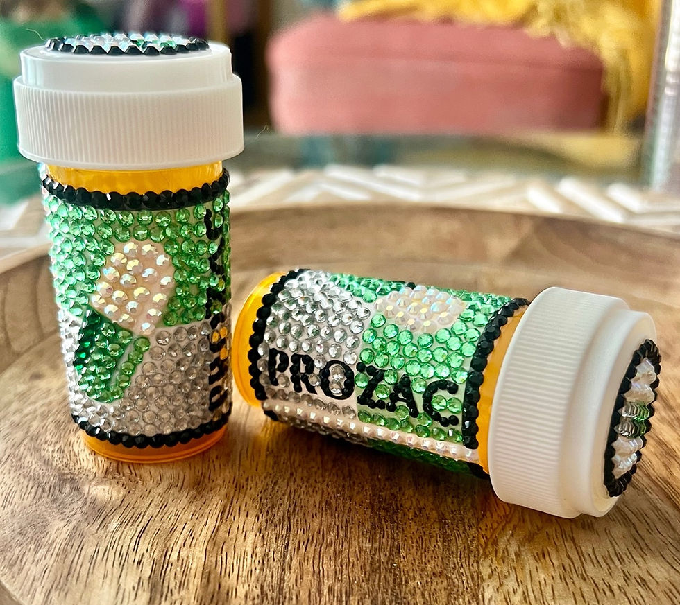 Thumbnail: blinged prozac mint green and white pill bottle with a color block design, rhinestoned with a stylish