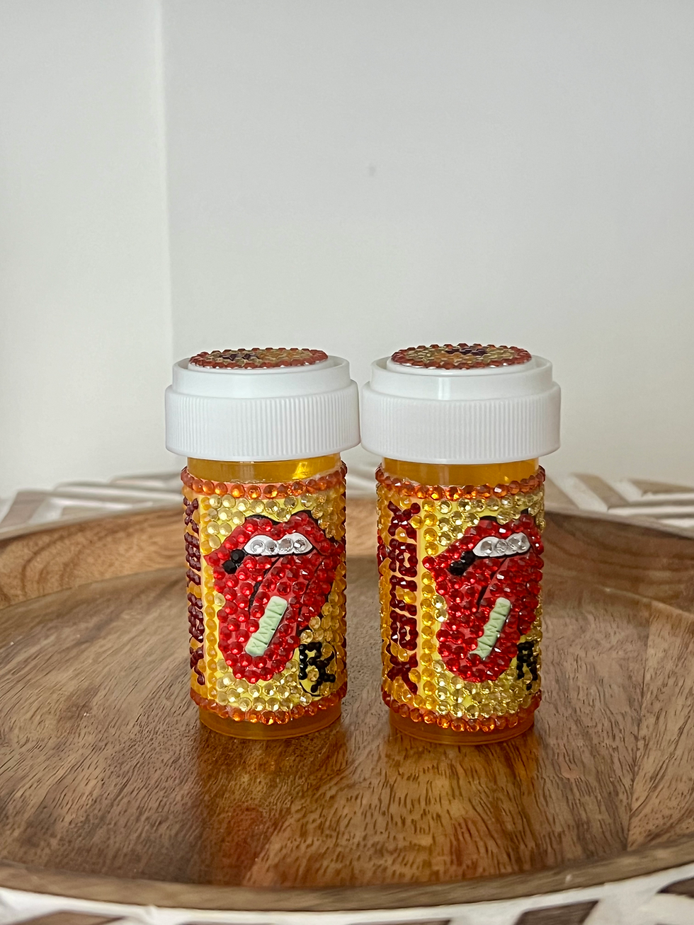 Thumbnail: Bedazzled pill bottle featuring a red lips design with 'Xanax' in red rhinestones. jonathan adler inspired