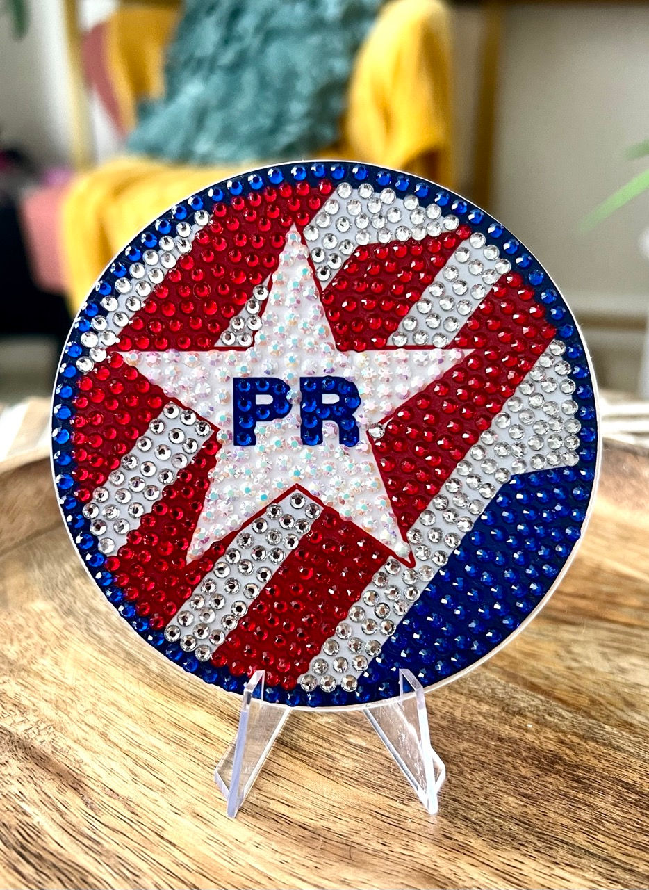 Bedazzled coaster featuring the Puerto Rico flag on a soccer ball, ideal for Puerto Rican soccer fans and Soccer League suppo