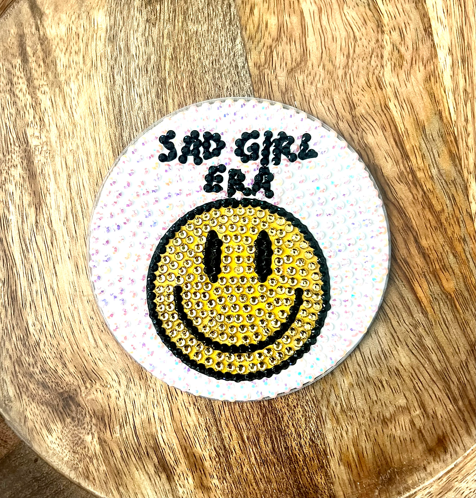 Thumbnail: Bedazzled coaster featuring a smiley face and "Sad Girl Era" text in a fun, expressive design. great gift for your bestie