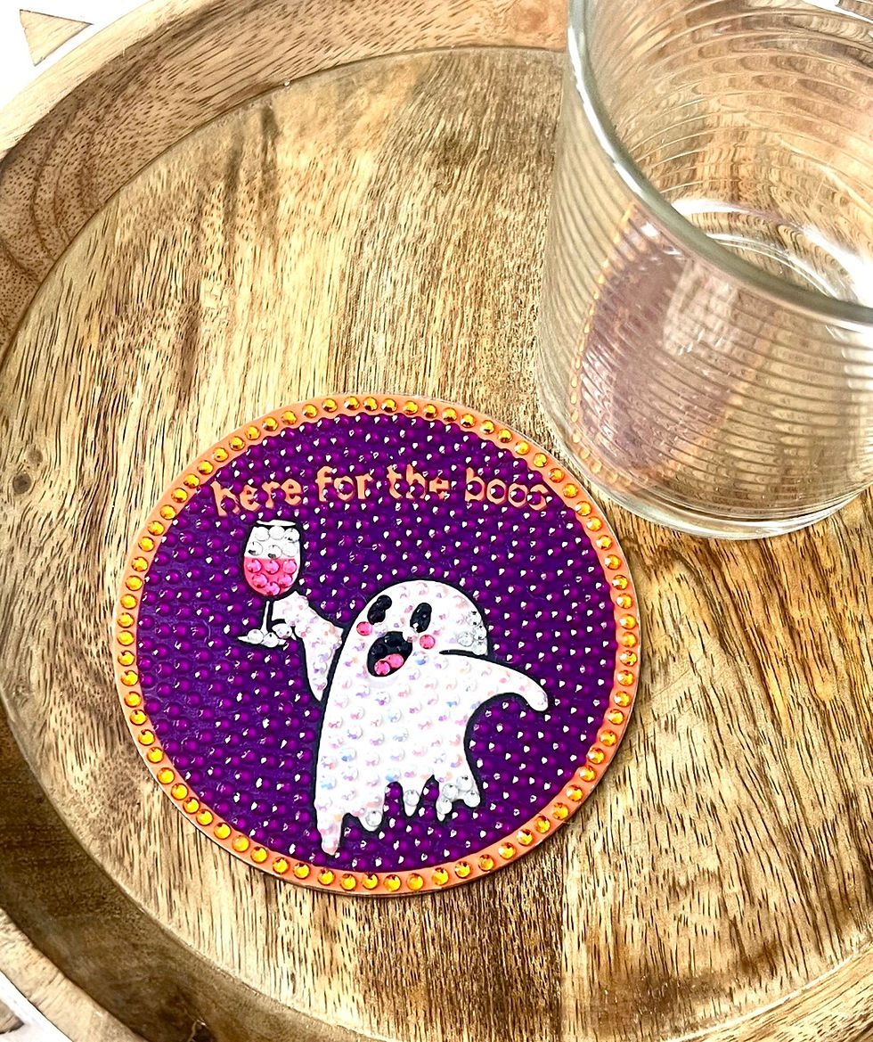 Thumbnail: dazzling Here for the Boos Bedazzled Coaster featuring a ghost holding a wine glass, perfect for Halloween lovers.