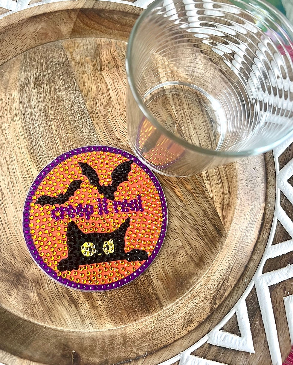 Thumbnail: dazzling Creep it Real Bedazzled Coaster featuring a black cat and black bats, perfect for Halloween lovers. Funny Halloween