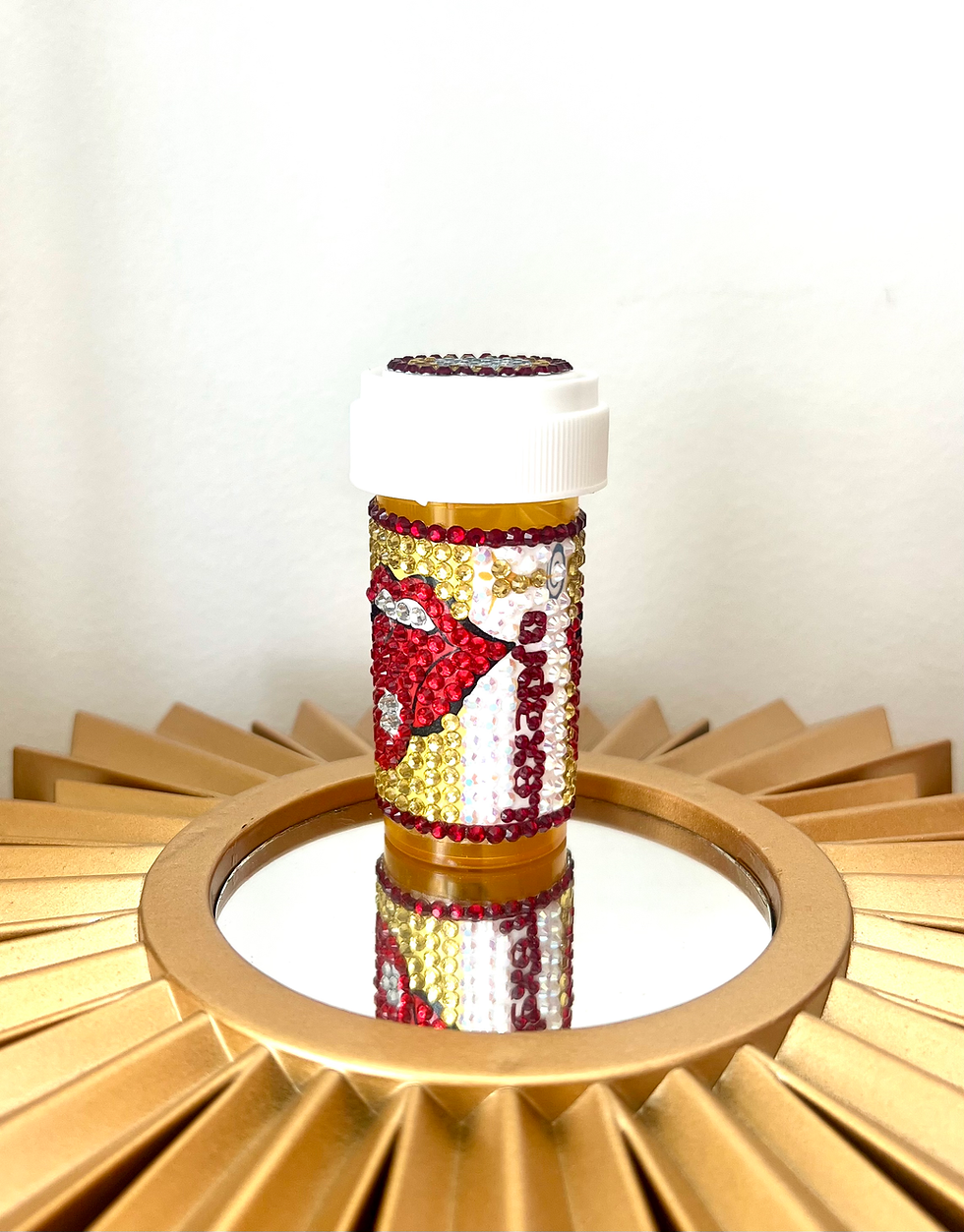 Thumbnail: Bedazzled pill bottle with a red lips design and Lexapro-inspired logo, handcrafted as a sensory and decorative item.