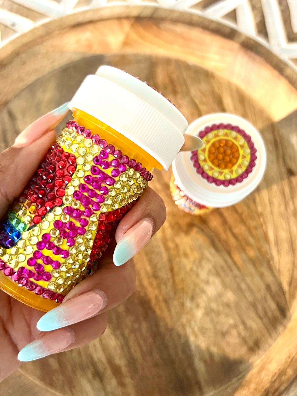 Thumbnail: vibrant pill bottle with red lips and rainbow tongue design, bedazzled with rhinestones, perfect for storing vitamins or medi