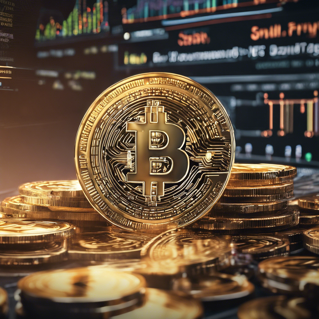 The image features a close-up of a stack of gold-colored coins, prominently displaying the Bitcoin symbol. In the background, there are various financial charts and graphs, indicating market data, likely representing cryptocurrency trading or investment. The overall theme highlights the financial and technological aspects of Bitcoin and digital currency.