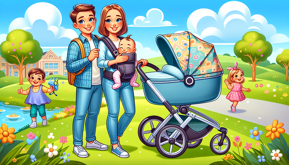 Essential gear for transporting babies, featuring a baby carrier and a travel stroller.