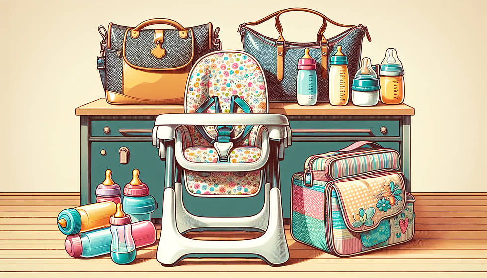 Feeding essentials for babies on the go, including a diaper bag and portable high chair.