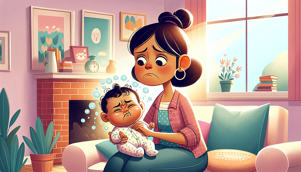 An illustration showing a concerned parent trying to burp a baby who still won't burp, reflecting the challenges faced.