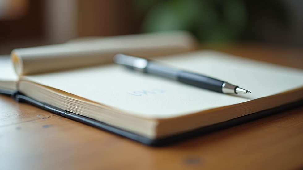 Close-up view of a journal and pen on a wooden table