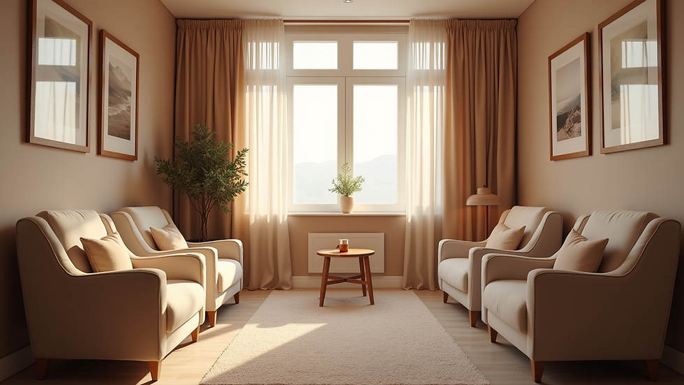Eye-level view of a cozy therapy room with comfortable chairs and soft lighting