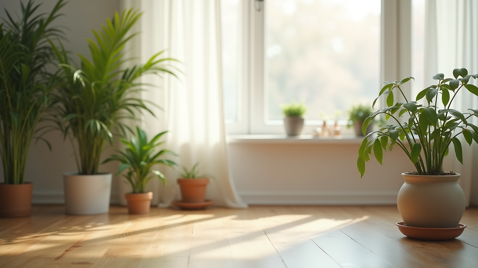 Close-up view of a calm therapy office with soft natural light and plants