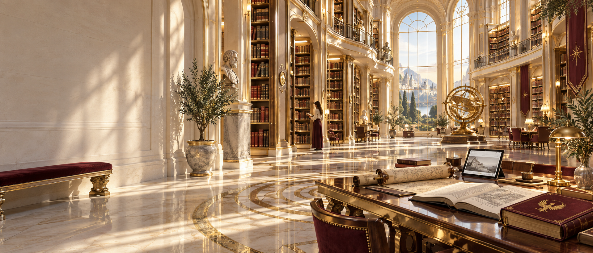 A majestic ivory and gold library brings together books, scrolls and digital resources, with a phoenix embossed on a burgundy volume.