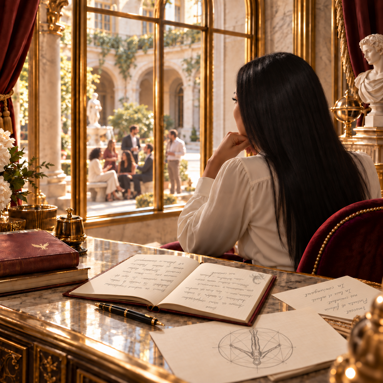 The THMA founder reflects beside a handwritten journal while observing a group in a sunlit courtyard.