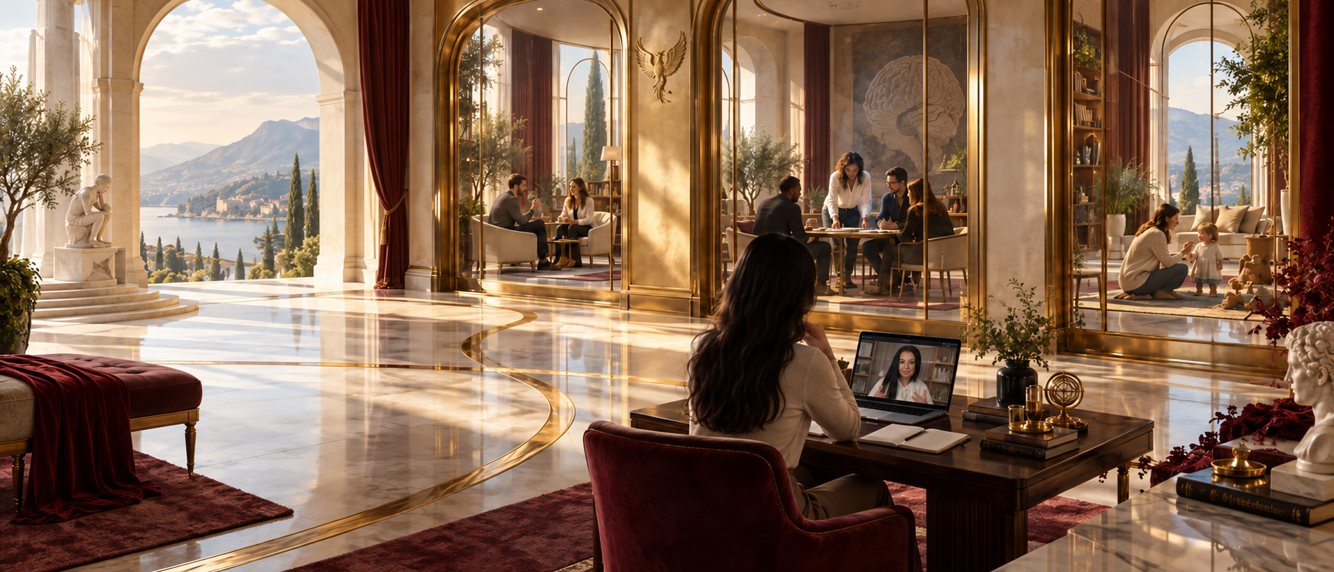 A learner watches a THMA video lesson beside golden glass rooms showing relationships, work and parenting.