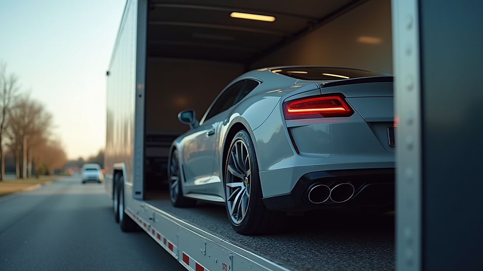 Close-up view of a car secured inside an enclosed auto transport trailer