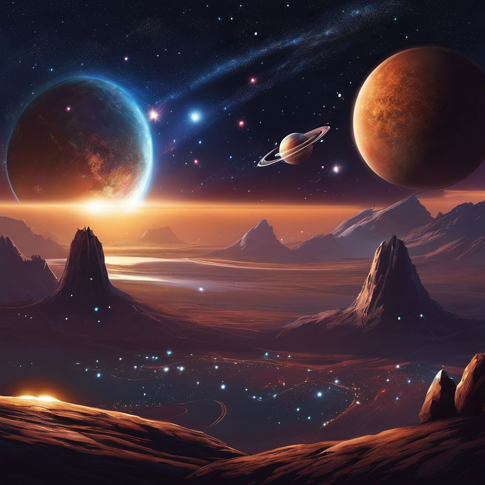 dark night sky, with futuristic stellar solar system, stars, and galaxies, spaceships from