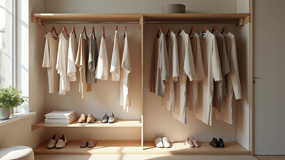 High angle view of a minimalist wardrobe with neatly arranged tops, bottoms, and shoes